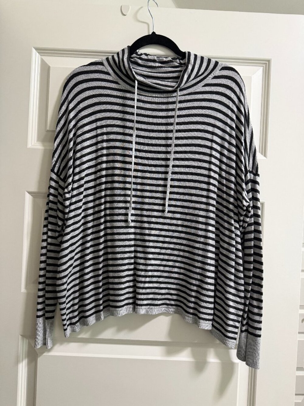 Gray Striped Eileen Fisher Long Sleeve Sweater with Drawstring Mock Neck